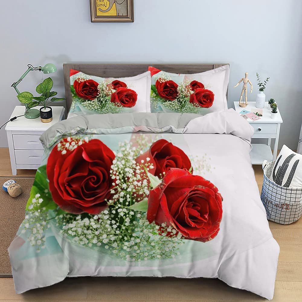 Rose Duvet Cover Floral Bouquet Botanical Comforter Cover Romantic Flower Bedding Set Valentine's Day Couple Lover Room Decor