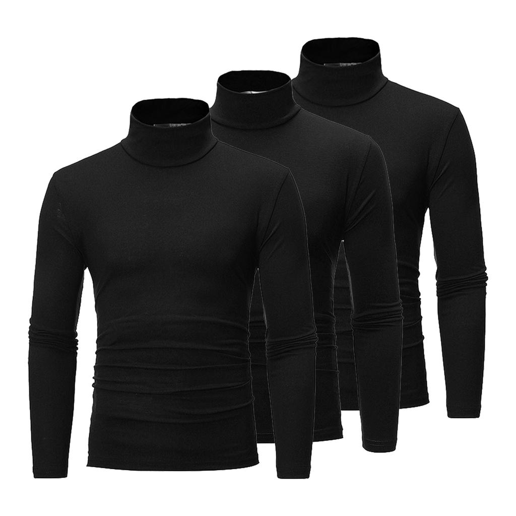 3Pcs Men Casual High Neck Long Sleeve T Shirt Solid Color Slim Fit Pullover Undershirt Thermal Base Layer Set