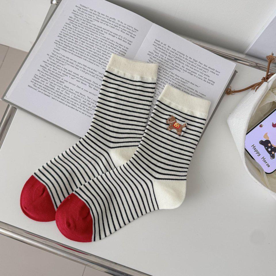 Striped Women's Mid-Calf Socks - Cute Cartoon Horse, Spring/Summer Pure Cotton, Trendy Japanese School Style.