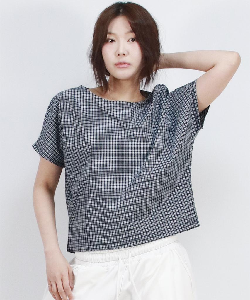 Deumakeu Checkered Mini French Short-Sleeved Shirt Blue