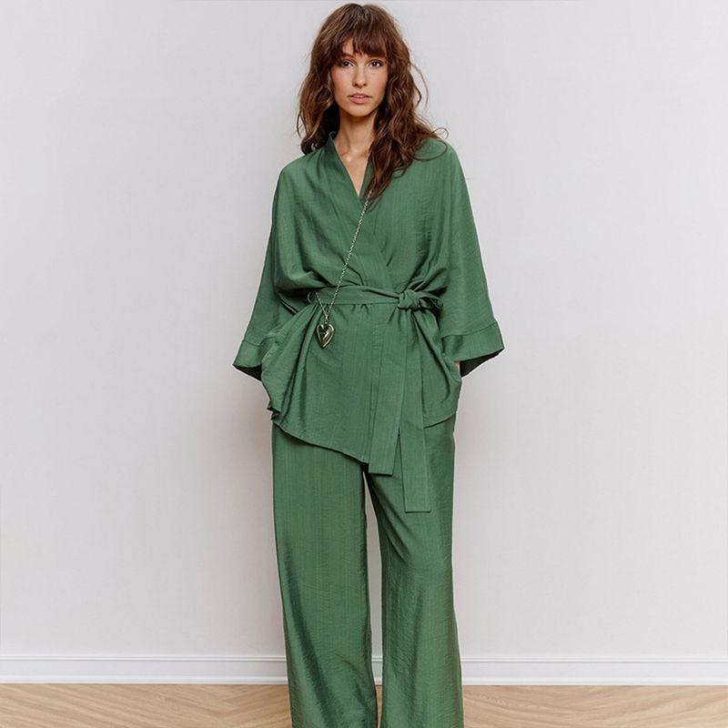 

Green Casual Pajamas Green Casual Pajamas Set European and American Lace-up Pajamas Warm Homewear Women Green L