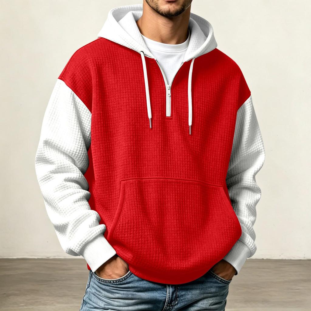 Sudadera con capucha de punto casual de bloque de color con media cremallera para hombre