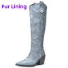Western Women's Knee High Boots Genuine Leather Silver Cowboy Boot Pointed Wedges Heel Party Winter Shoes Ladies Big Size Brand