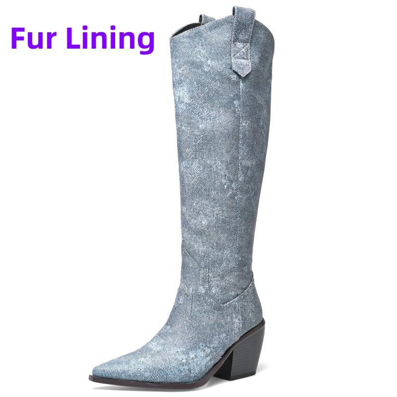 Western Women's Knee High Boots Genuine Leather Silver Cowboy Boot Pointed Wedges Heel Party Winter Shoes Ladies Big Size Brand