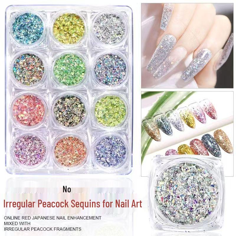 Twelve-Color Nail Art Peacock Powder Sequins: Irregular Glitter Ornaments Series No