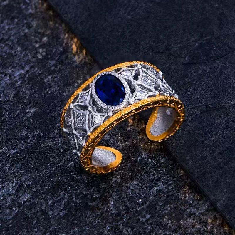Vintage European Style Zircon Sapphire Open Ring - Adjustable, Light Luxury for Women Adjustable