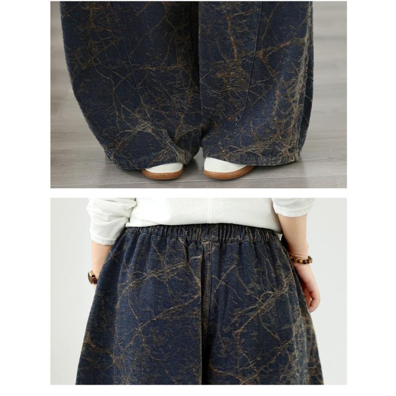DIMANAF 2026 Herbst Winter Neu Übergröße Damen Jeans Lange Hosen Elastische Taille Geblümt Locker Lässig Denim Baumwolle Dick Vintage Damen Hosen