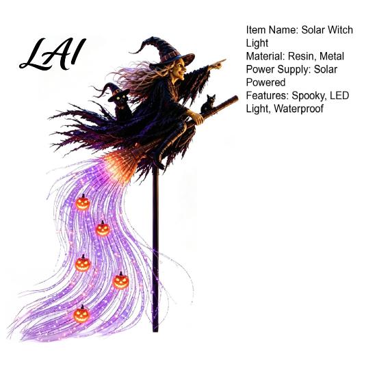 Weather Resistant Outdoor Figures Solar Halloween Witch Garden Stake Light Waterproof Metal Flying Broomstick Spooky Pathway Markers Light
