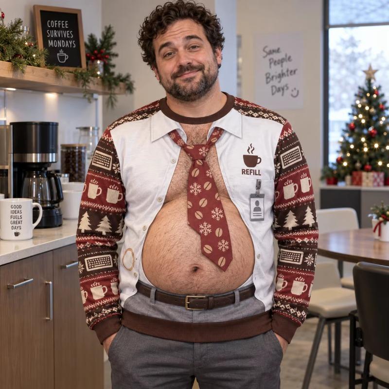 Office Tie Dad Bod Ugly Christmas Sweater Men 3D Print Polyester Crewneck Sweatshirt Funny Holiday Party Pullover