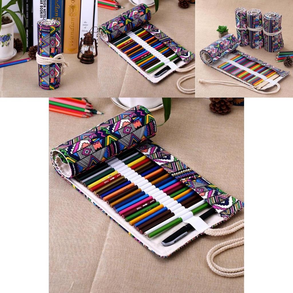 Ethnic Style Colored Geometric Pattern Pencil Canvas Storage Bag For Artists And Students