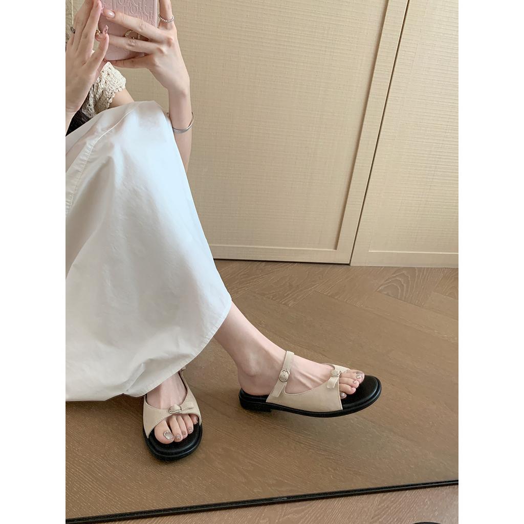 Sheepskin Version~ Small Buckle With Vacation Casual Flat-Bottomed Slippers, Women'S Summer Wear Beach Cool Slippers