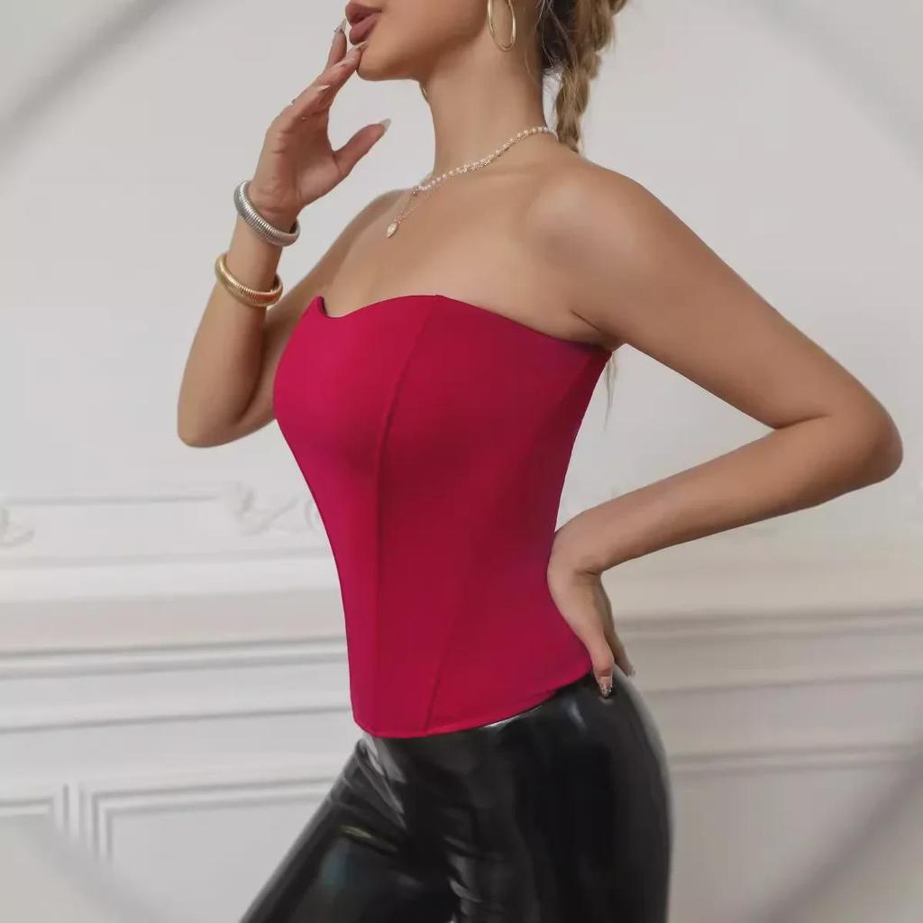 European & American Style High Waist Fishbone Tube Top with Breast Pads for Women