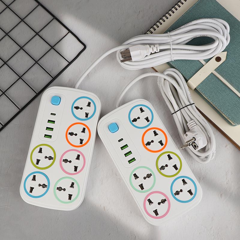 Eu Us Plug 2/3Pin Power Strip 1 Typec 3 Usb Port 6 Way Ac Outlet 2/3/5M Extension Power Socket Charge Electrical Socket