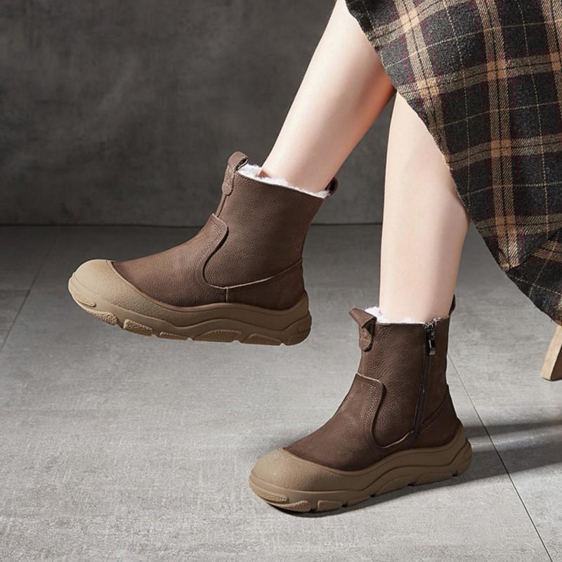 Johnature Genuine Leather Wool Warm Boots Round Toe Thick Soled Side Zipper Retro Women's Short Boots