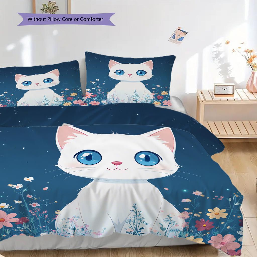 Weißes Katzenmuster Bettwäsche Steppdecke Set Deckenbezug Kissenbezug Heimdekoration Geburtstagsgeschenk (1 Bettbezug + 2 Kissenbezüge, ohne Füllung)