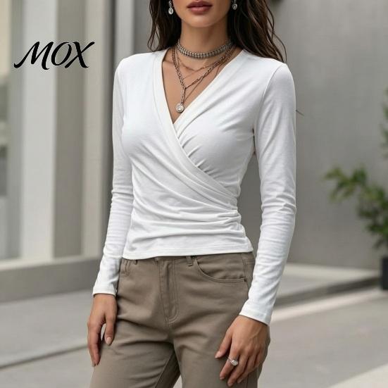 Skin Friendly Workwear Cross V-Neck Long Sleeve Top for Women, Slim Fit Sexy Relaxed Travel Clothing Pleated Shirt, Fall Solid Color Casual