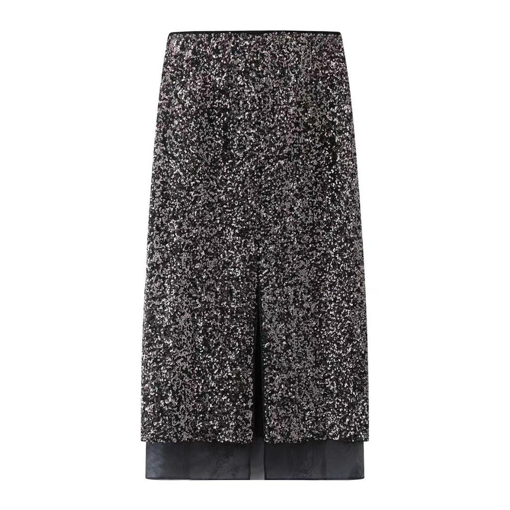 Winter 2025 Luxury Sequin Patchwork Slit Midi Skirt AR354120