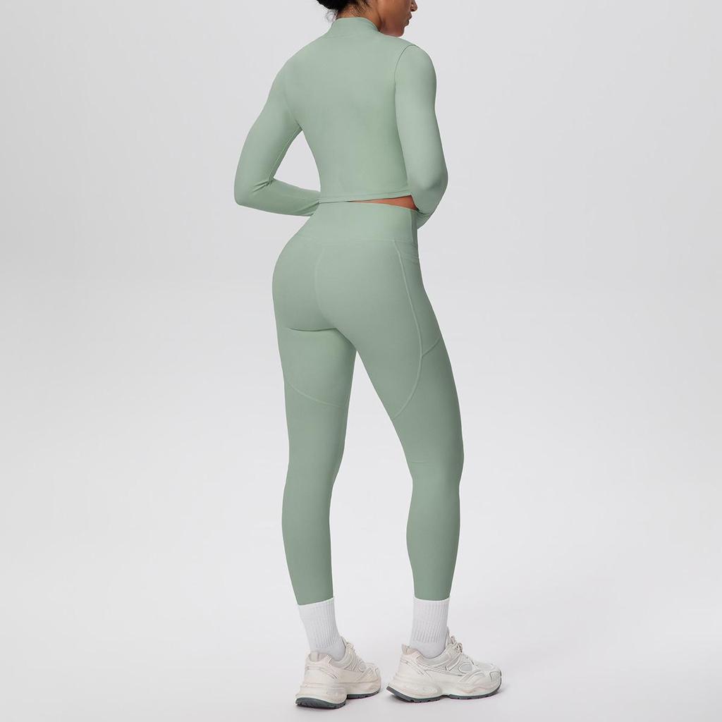 Zipper Crop Top Jacket & High-Waist Butt-Lifting Pocketed Pants Sports Set - Perfect for Yoga, Running, & Casual Fitness.