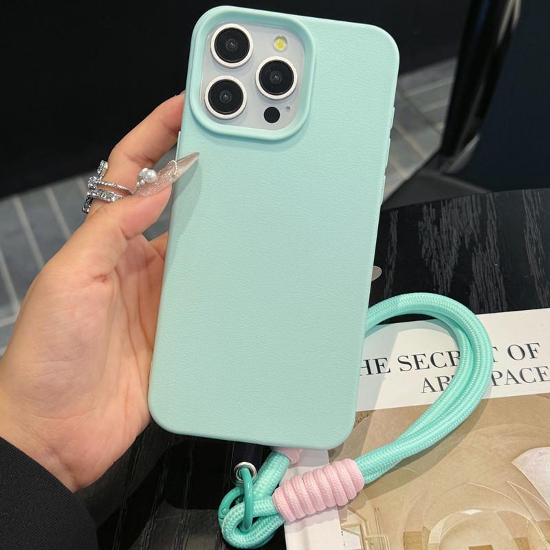 Leather Grain iPhone 16 Case with Hand Strap, Compatible with 14/15, Solid Color and Simple Design iPhone 16