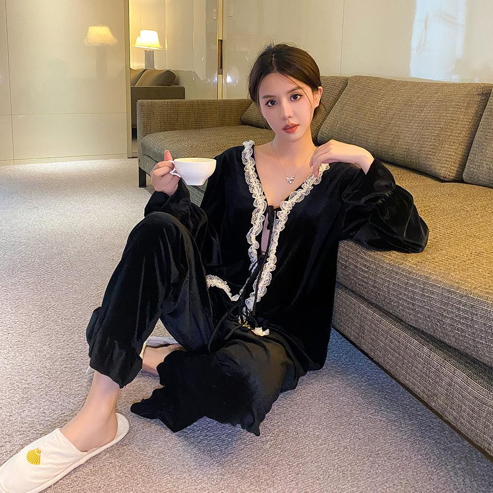 Autumn and Winter New Lace-up Gold Velvet Lace Pajamas for Women Solid Color V-neck Home Clothes Wearable Pajamas Set