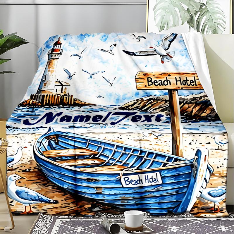 1PC Custom Name Beach Hotel Signage Scene Outdooor Flannel Blankets Throw Blanket All-Season Throw Gift Bedspread for Couch, Bed, Camping Holiday Birt