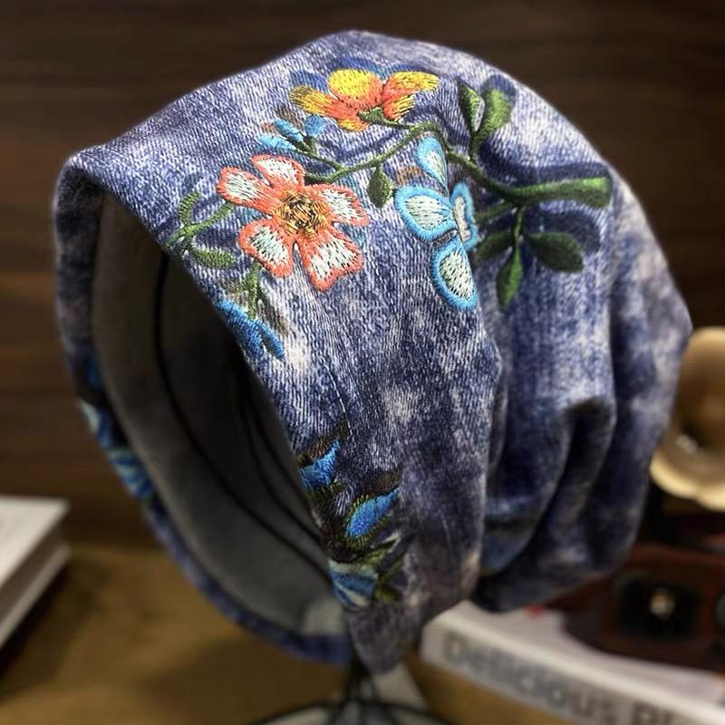 Autumn Winter Floral Print Fashion Knitted Beanie Hat Woman Ethnic Style Fashion Elegant Skull Cap Soft Elastic