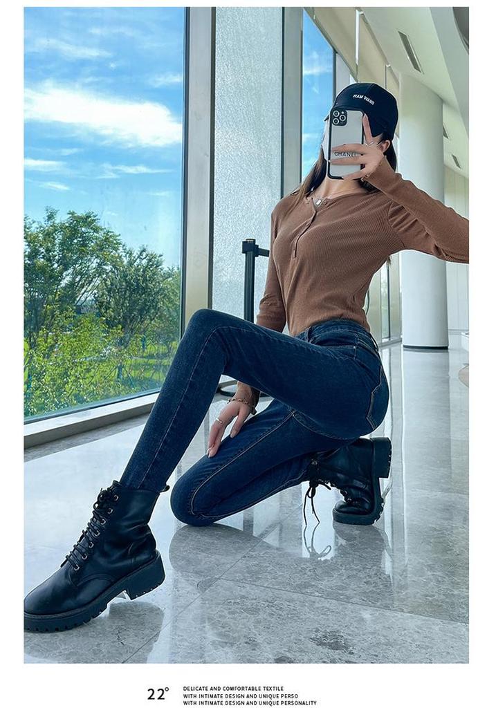 Women's High-Waist Skinny Denim Jeans - Dark Blue, Elastic, Plus Velvet, Spring 2024 Fashion.