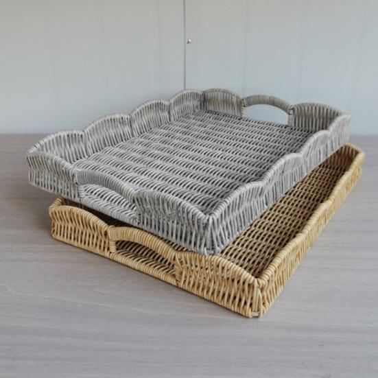 Storage Tray Wicker Basket with Handles Retro Rattan Weave Design Easy To Clean Multi-Functional Countertop Organizer