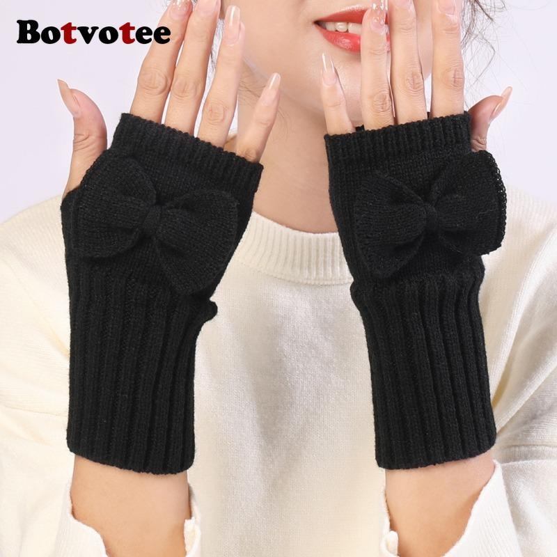 Botvotee Bow Arm Warmers Y2k Accessories Sleeves for Women Burgundy Sleeves Warm Winter Knit Soft Arm Guard Fingerless Gloves