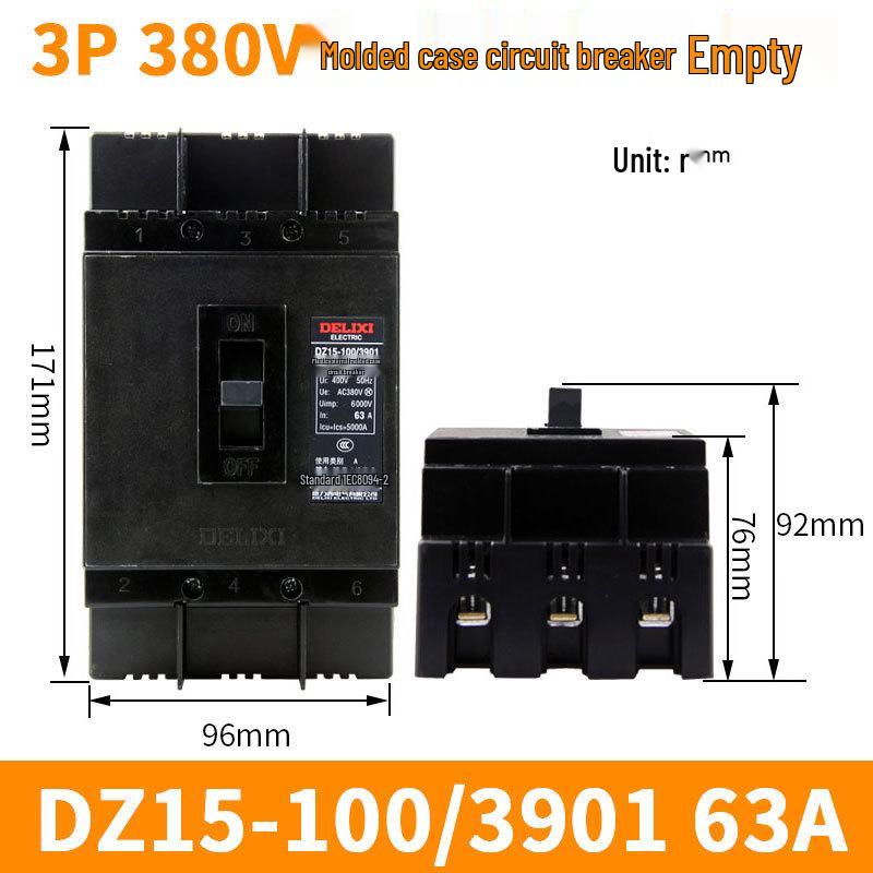 DELIXI Plastic Circuit Breaker DZ15: Three-Phase or Single-Phase 2P/3P Air Switch, 63A/100A