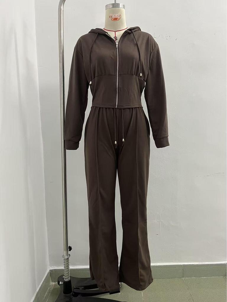 2025 Autumn/Winter European & American Solid Color Hooded Zip-Up Top and Wide-Leg Pants Set