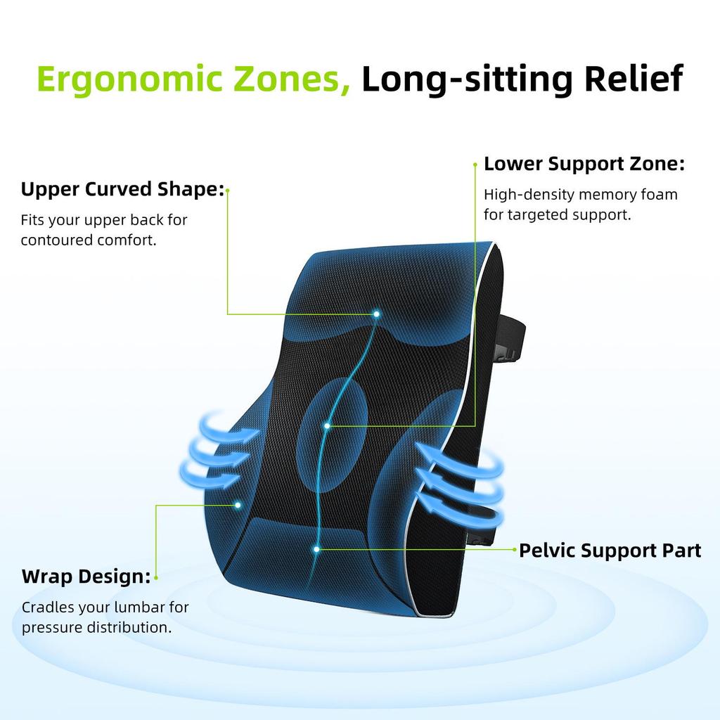 Ergonomic Memory Foam Lumbar Support Cushion for Car, Office Chair, and Wheelchair