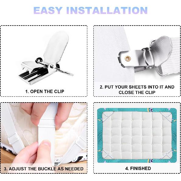 4 PCS Fitted Bed Sheet Straps - Elastic Suspenders with Metal Clips for Bed Sheets, Mattress Covers, Sofa Cushions - Adjustable Fasteners To Keep