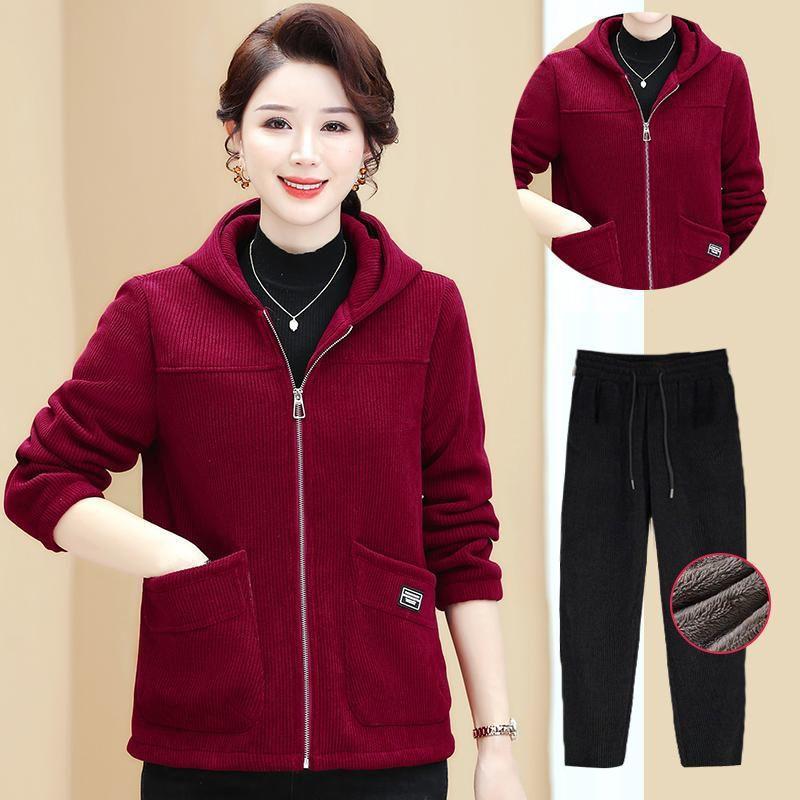 Ensemble de Sport Épais en Velours Couleur Caramel pour Femmes Mode Automne Hiver Décontracté à Capuche Ensemble Deux Pièces