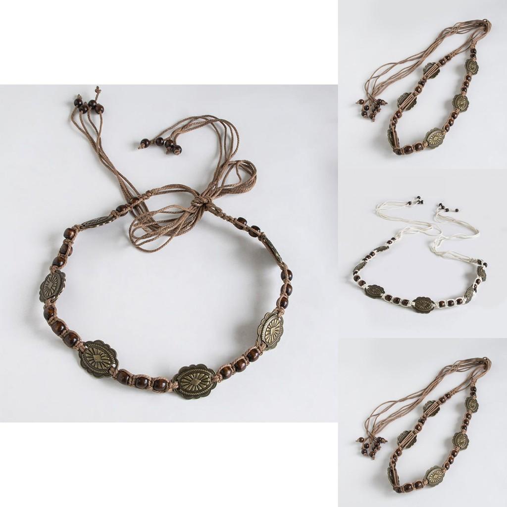 Bohemian Style Metal And Wooden Bead Decor Women Woven Belt For Casual Summer Vacation