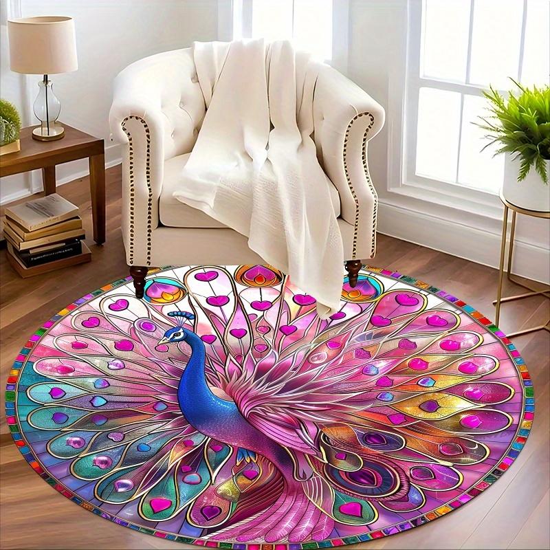 Colorful peacock pattern Flannel-printed round floor mats are slip-resistant Suitable living room bedroom terrace garden carpets
