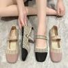Sapatos Mary Jane de malha estilo coreano para mulheres, sapatos femininos confortáveis e respiráveis, bico quadrado, sola plana, sapatos casuais, sapatos femininos