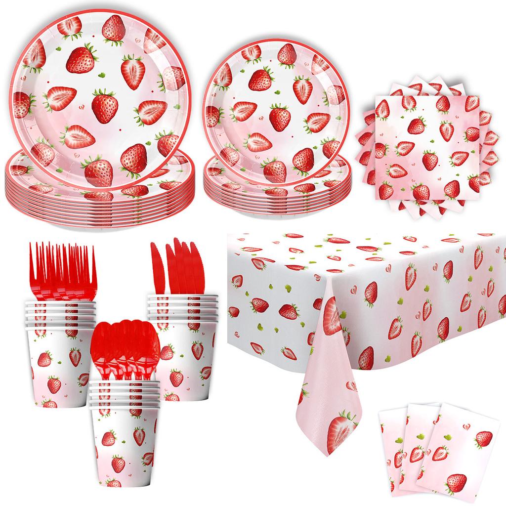 Strawberry Theme Party Paper Plate Balloon Picnic Plate Cake Plate Children'S Birthday Party Dessert Counter Decorative Cutlery