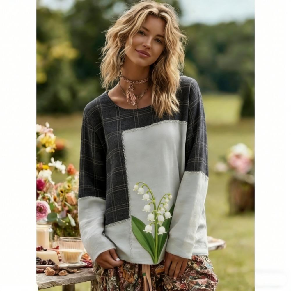 Spring Europe America Women's T-shirt Fashion Floral Print Pullover Comfortable Women Long Sleeve T-shirt Outdoor Casual Tees Top