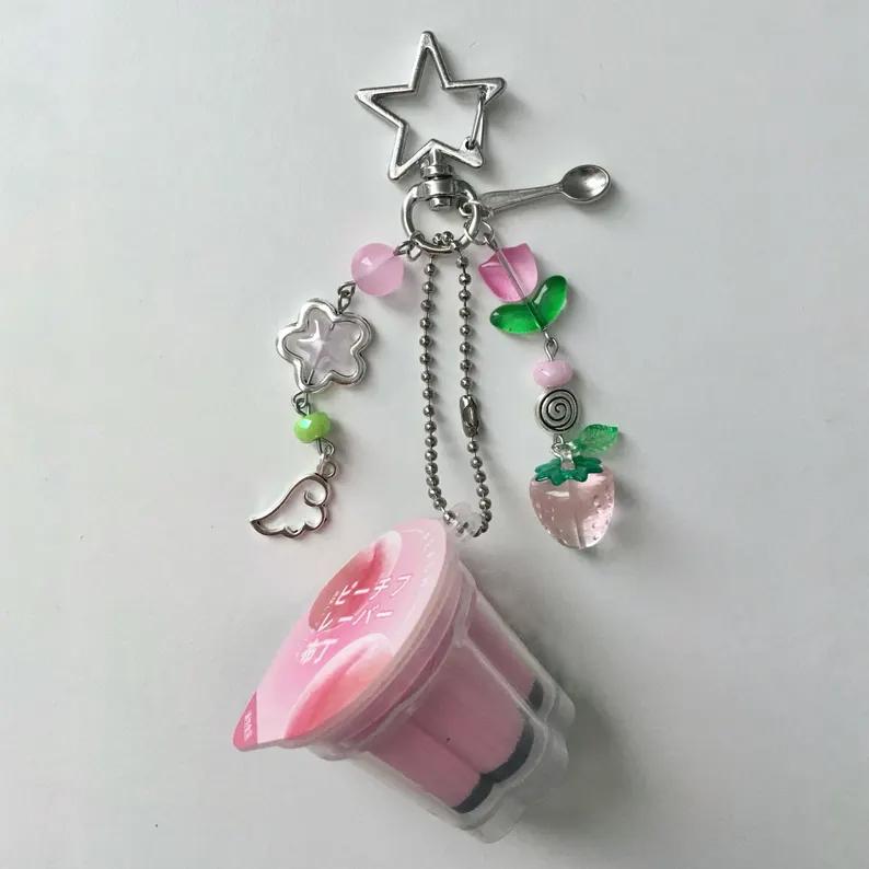 Japanese Pudding Keychain, Pink Yellow Egg Flan Charm, Heisei Retro Aesthetic Beaded Accessory розовый