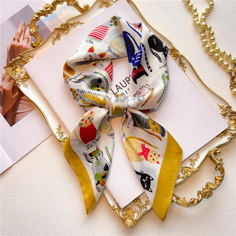 New Women's Cute Kitten Faux Silk Scarf - 70cm Square Shawl, Thin and Lightweight