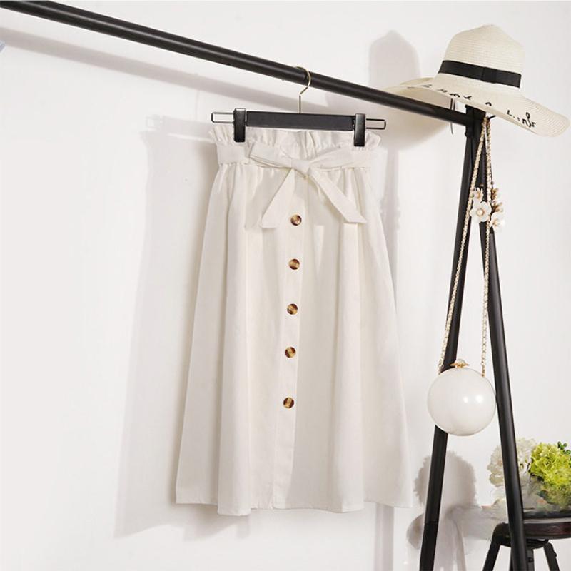 Summer Mid-length Skirt Women's Bud High Waist Single-breasted A-line Over-the-knee Skirt