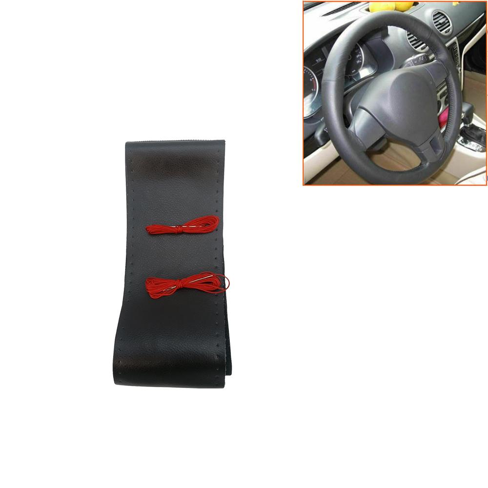 38cm Car Steering Wheel Cover Protector Black Leather Red Line DIY Hand Sewing