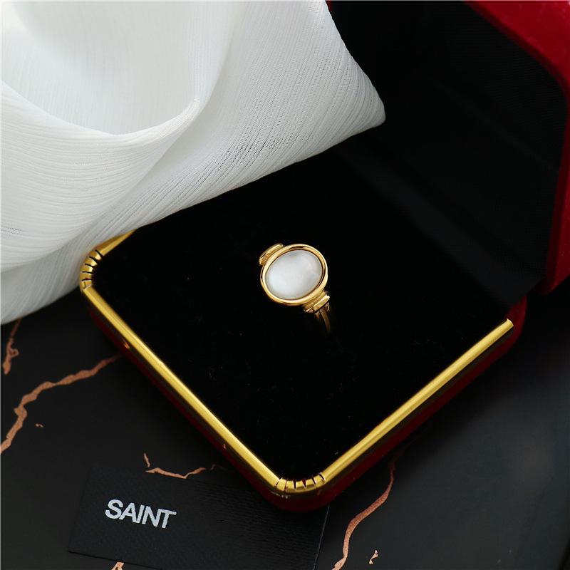 INS Style Oval Roman Arc White Shell Mother-of-Pearl Ring - 18K Gold-Plated Retro Titanium Steel