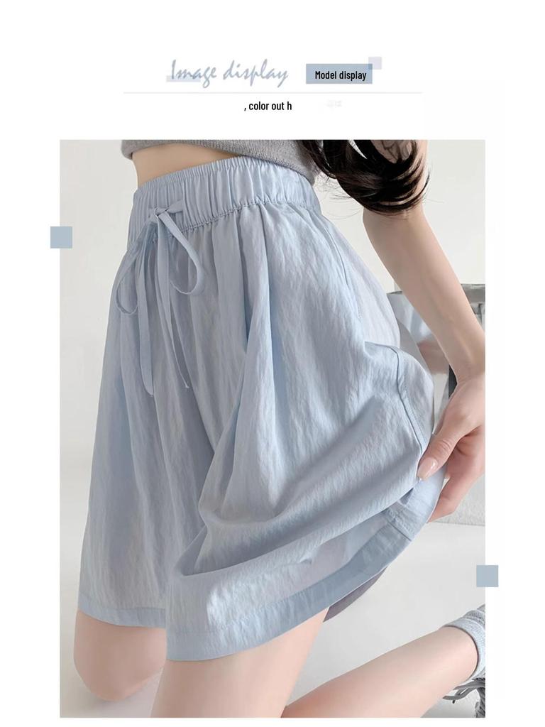 Women's High-Waist Blue Ice Silk Wide-Leg Shorts - Summer 2025 Mid-Length Casual Sportswear