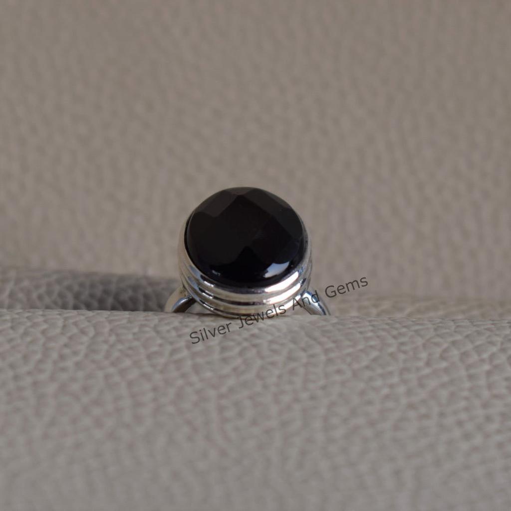 Faceted Black Onyx Ring: Handmade 925 Sterling Silver, December Birthstone