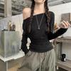 Autumn Winter Sexy Fashion Off the Shoulder Solid Waist Shirring Irregular T-shirt Women Long Sleeve Pullover Tee Top