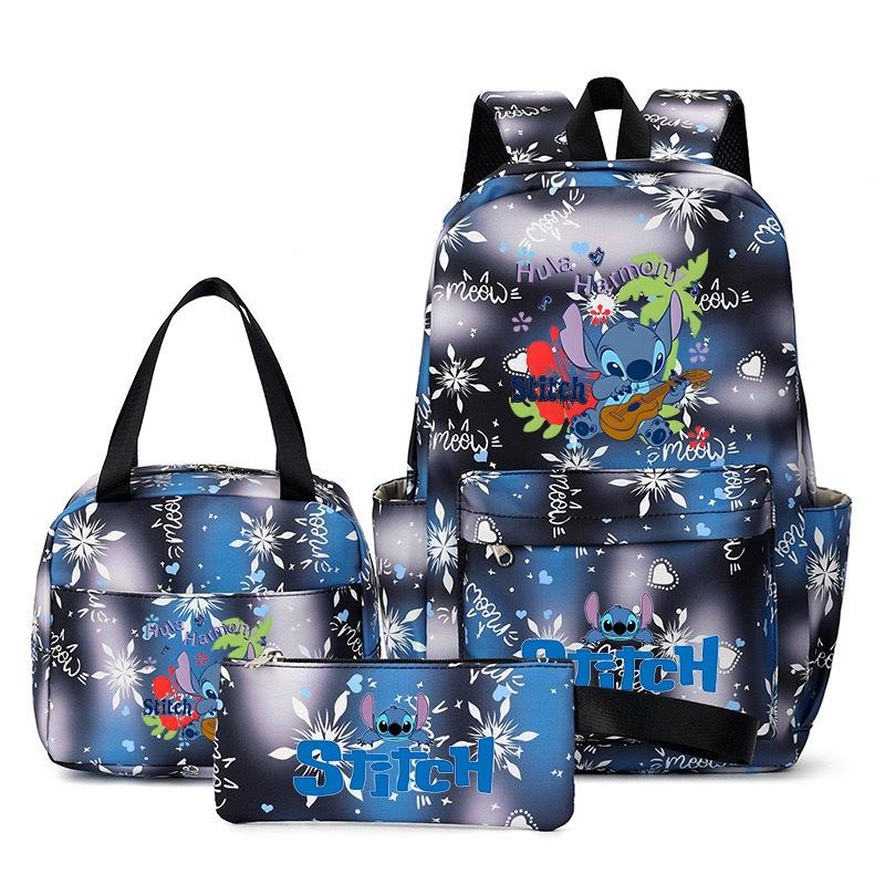 Stitch 3-teiliges Rucksack-Set für Jungen und Mädchen, Rucksack mit Campus-Cartoon-Print, Große Kapazität für Outdoor-Reisen