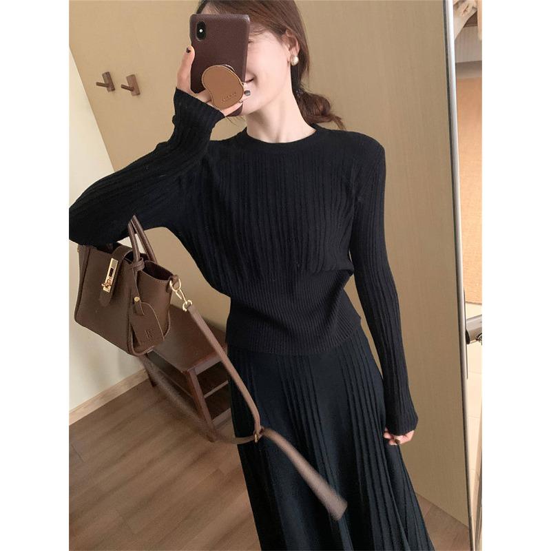 Texture waist short knitted sweater women's autumn and winter front shoulder temperament long-sleeved bottoming top with soft waxy sweater inside