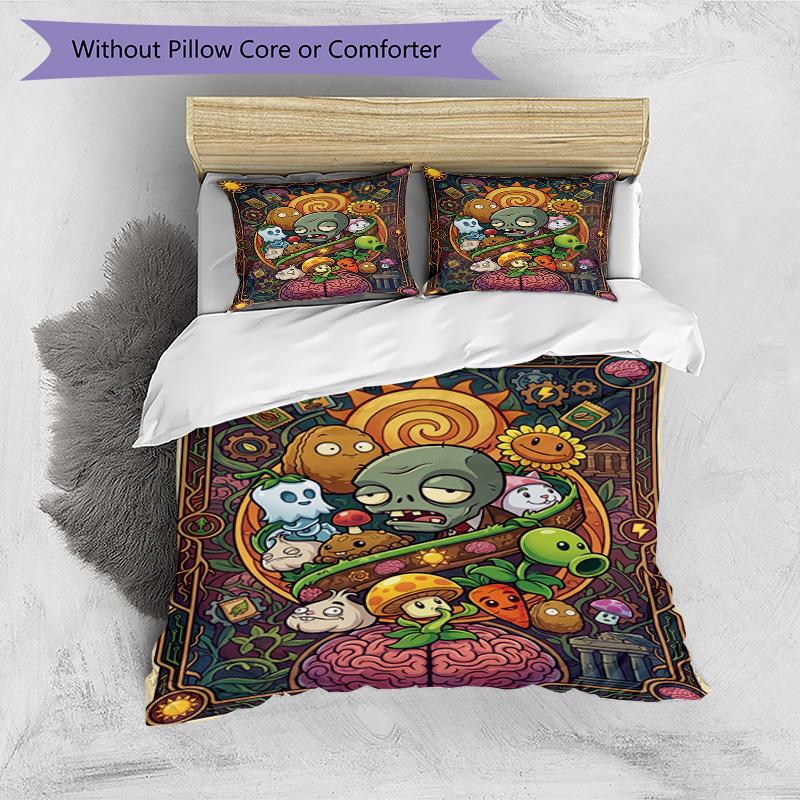 3pcs Duvet Cover Set (1*Duvet Cover + 2*Pillowcase, Without Core), Plants VS Zombies Print Bedding Set, Bedroom Decor, All‑Season, Birthday Gift